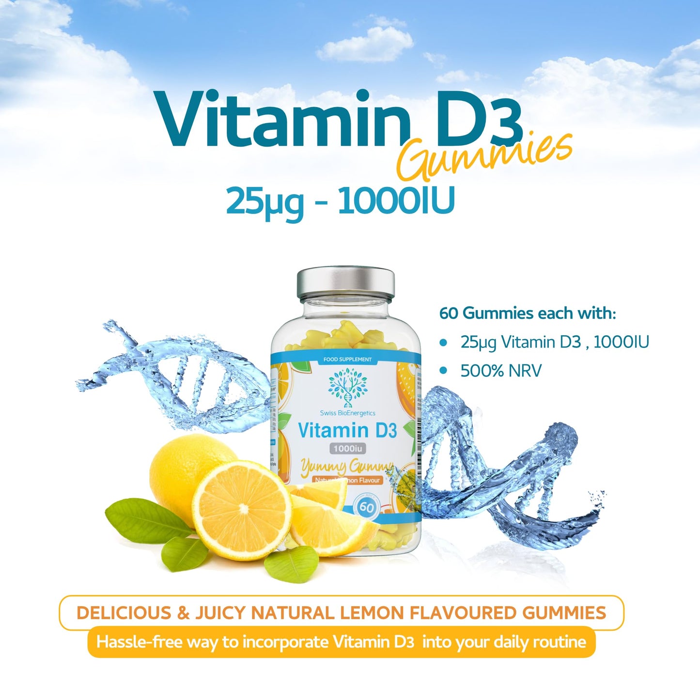 swiss bioenergetics Vitamin D3 Gummies 25µg 1000IU - 60 Natural Lemon Flavour Chewable Yummy Gummies - 2 Month Supply - Made in The UK
