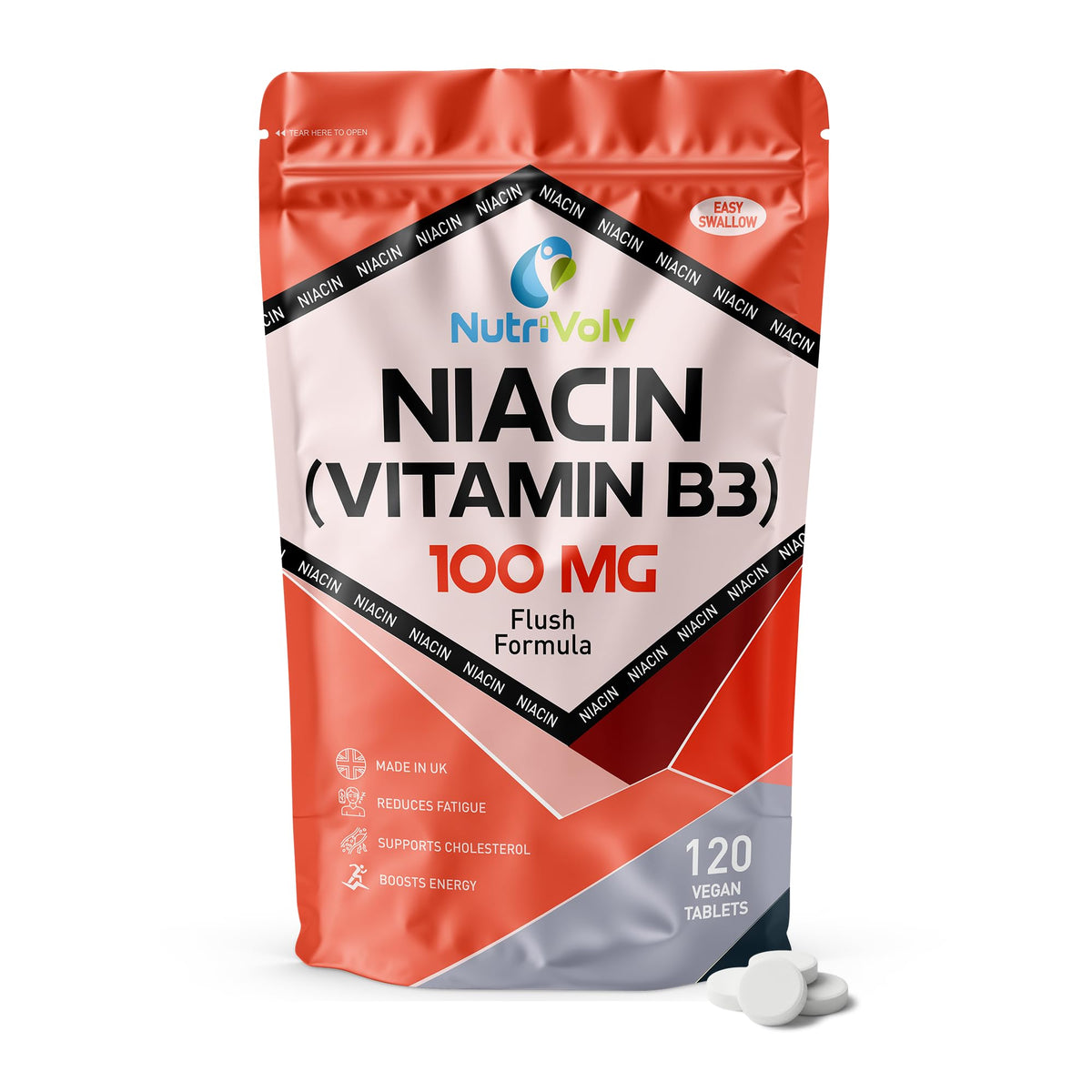 NutriVolv Nutrivolv Niacin Supplement Tablets | 100mg | Flush Formula | Pure Nicotinic Acid | Reduces Fatigue | Supports Healthy Cholesterol | Vitamin B3 for Men & Women | Vegan | Halal | Kosher | 120 Tablets
