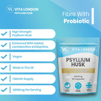 Psyllium Husk Capsules 4000mg | Fibre Supplement with Acidophilus Probiotic | 60 Capsule for Men & Women (Not Powder or Tablets) | Vegan, UK Made