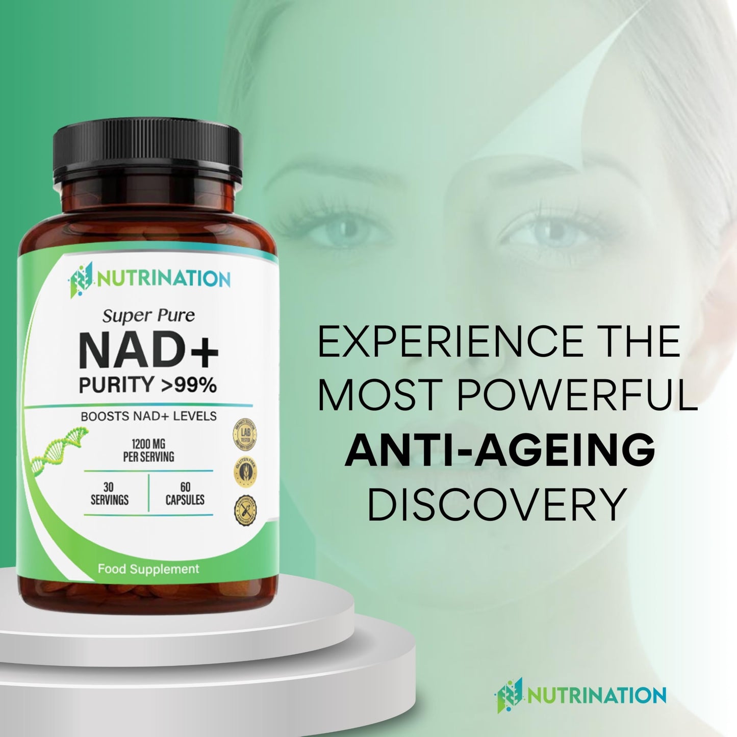 NUTRINATION NAD Supplements UK 1200mg | Super Pure 99.5% Nicotinamide Adenine Dinucleotide | 60 High-Strength Capsules | NAD+ Supplement for Anti-Aging, Boost Energy Levels & Cellular Health | Vegan & Non-GMO