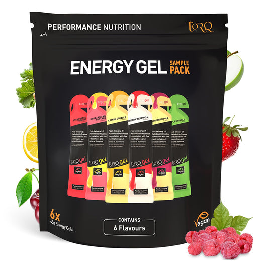 TORQ Running Gels with Caffeine & Electrolytes - 2:1 Maltodextrin: Fructose for Endurance Sports & Optimal Performance | Energy Gels for Running, Cycling & Sport - 89mg Guarana | 6 Pack Sample Box