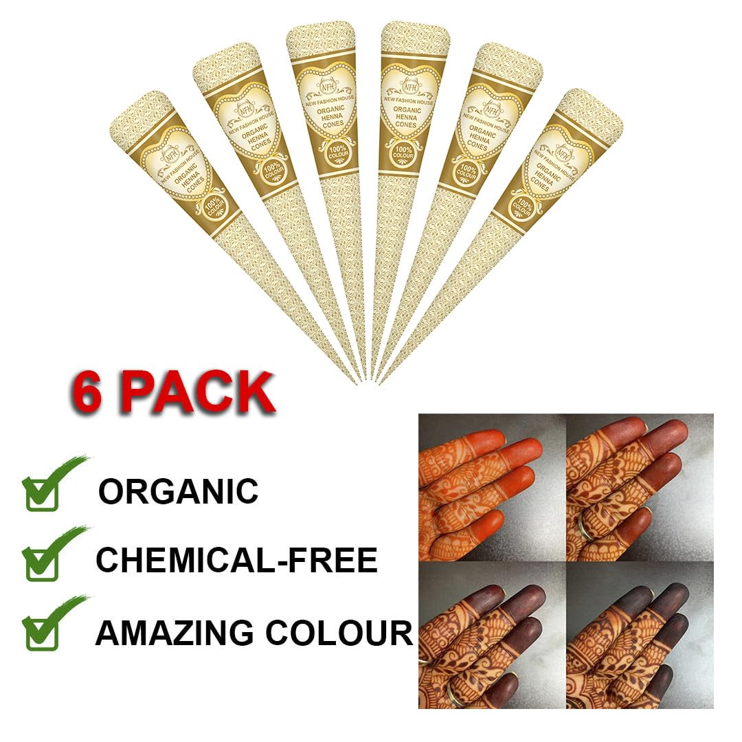 NEW FASHION HOUSE DULHAN BRIDE MEHINDI 6pk Individual Cones 100% Organic Henna Mehindi Cones Ready To Use. No Chemicals, No Dyes Guaranteed Colour