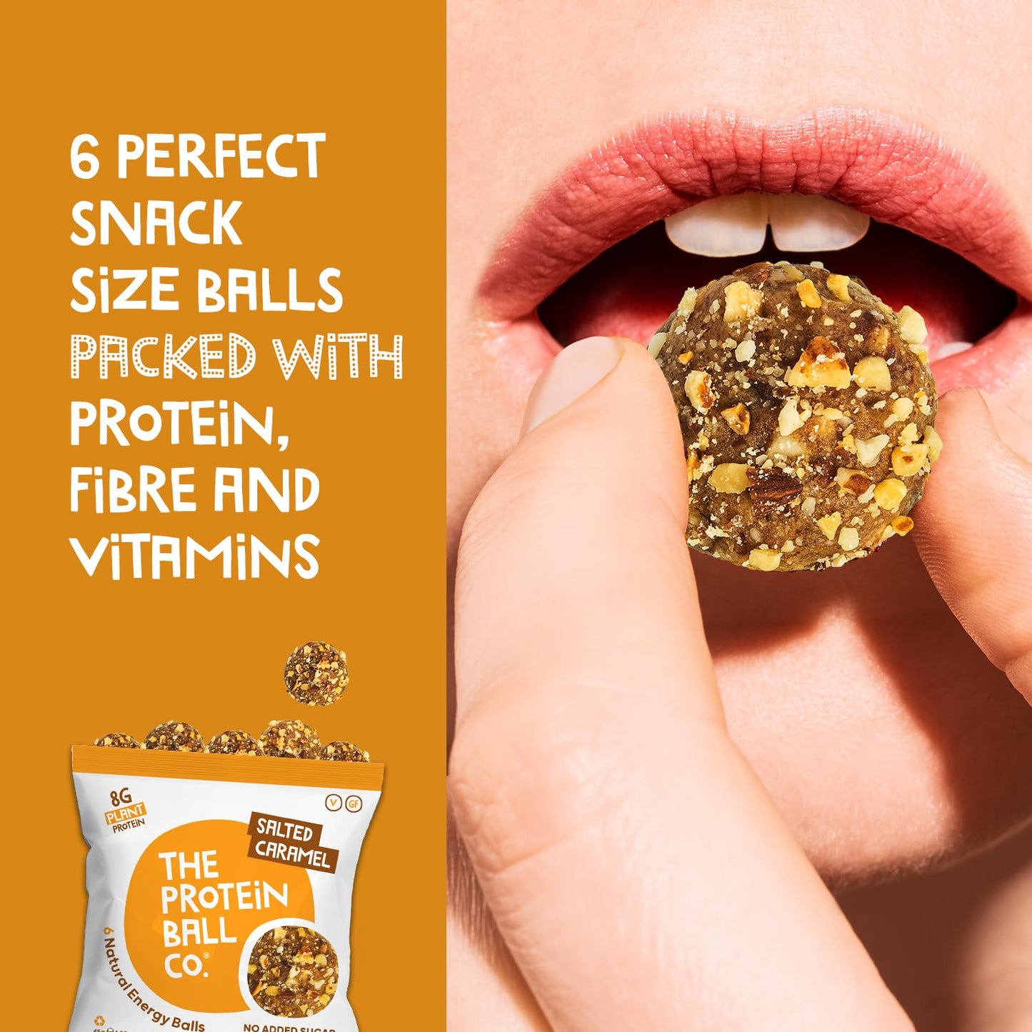 THE PROTEIN BALL CO Protein Balls Salted Caramel Flavour by The Protein Ball Co - 100% Natural Plant Based Vitamin Enriched Protein Snacks- 10 x 45g Bags- High Fibre, No Added Sugar, Gluten Free, No Artificial Sweeteners