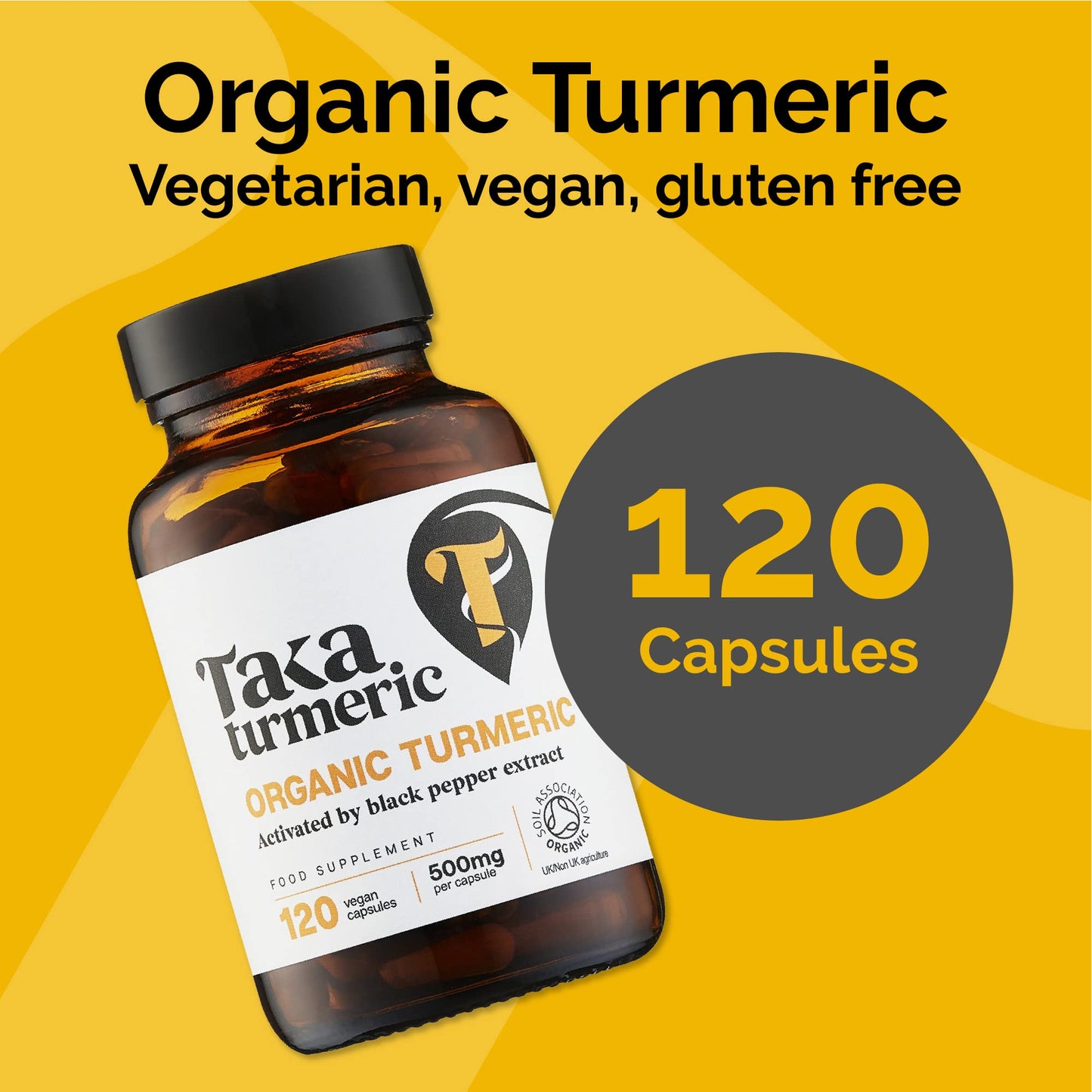 Taka Turmeric, 120 Caps Organic Turmeric with Black Pepper Extract Tumeric Curcumin Supplement, High Strength Tumeric Capsules with Curcumin and Black Pepper, Vegan, Recyclable Packaging