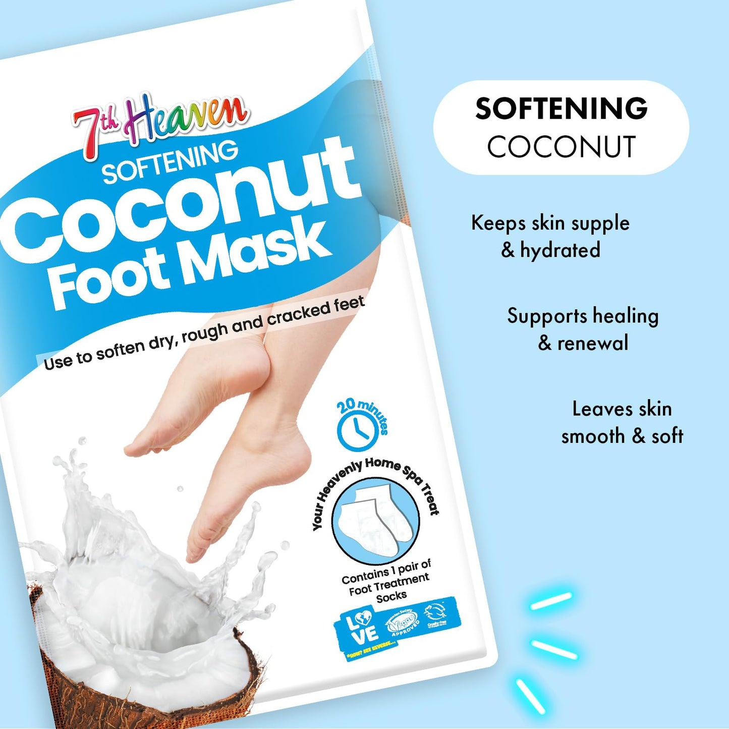 7th Heaven Foot Mask Multipack of 3 Moisturising Foot Treatment Socks – Softening & Nourishing Mask for Dry & Cracked Feet – Infused with Coconut & Shea Butter – At Home Spa Skincare