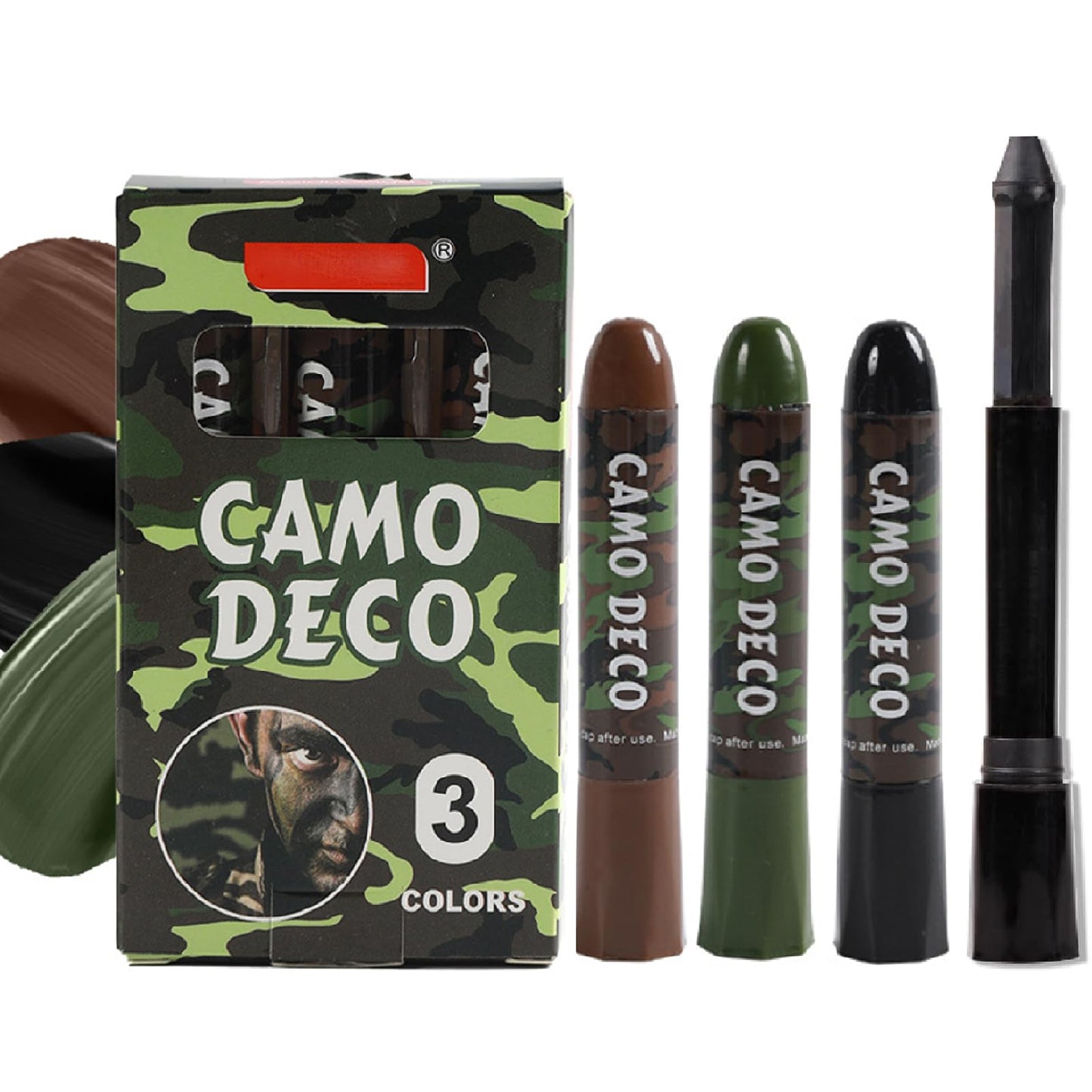 Mikloven 3-Color Camo Face Paint Sticks (Brown, Black, Green), Waterproof Hunting Face Paint, Rotating Wax Design, Skin-Friendly, Easy Application for Outdoor & Tactical Use