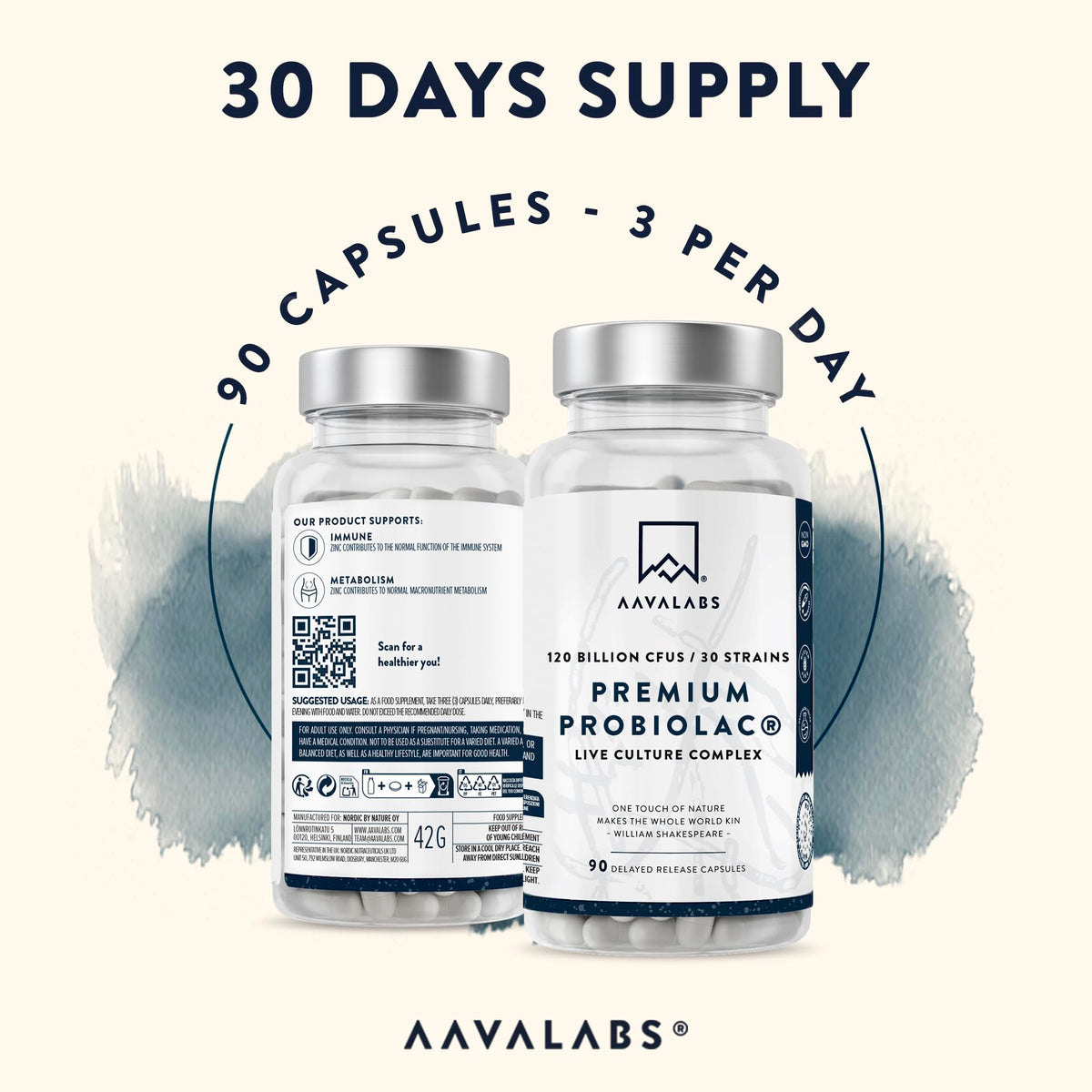 AAVALABS Bio Cultures Complex [ 120 Billion CFU ] 30x Bacterial Strains incl. Lactobacillus Acidophilus & Bifidobacterium per Serving - 90 Capsules - 3rd Party Tested