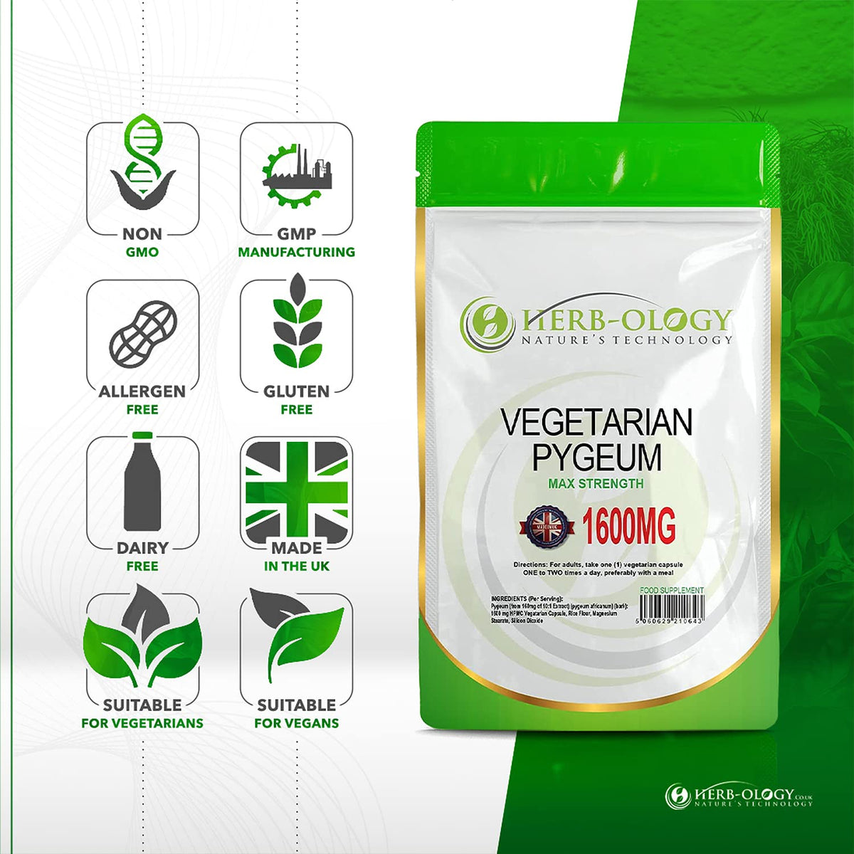 Herb-ology.co.uk Nature's Technology HB Pygeum | 60 High Strength Pygeum-Africanum Supplements - 1600mg Pygeum per Capsule | Prostate Supplements for Men | Non-GMO, Gluten & Allergen Free | Made in The UK
