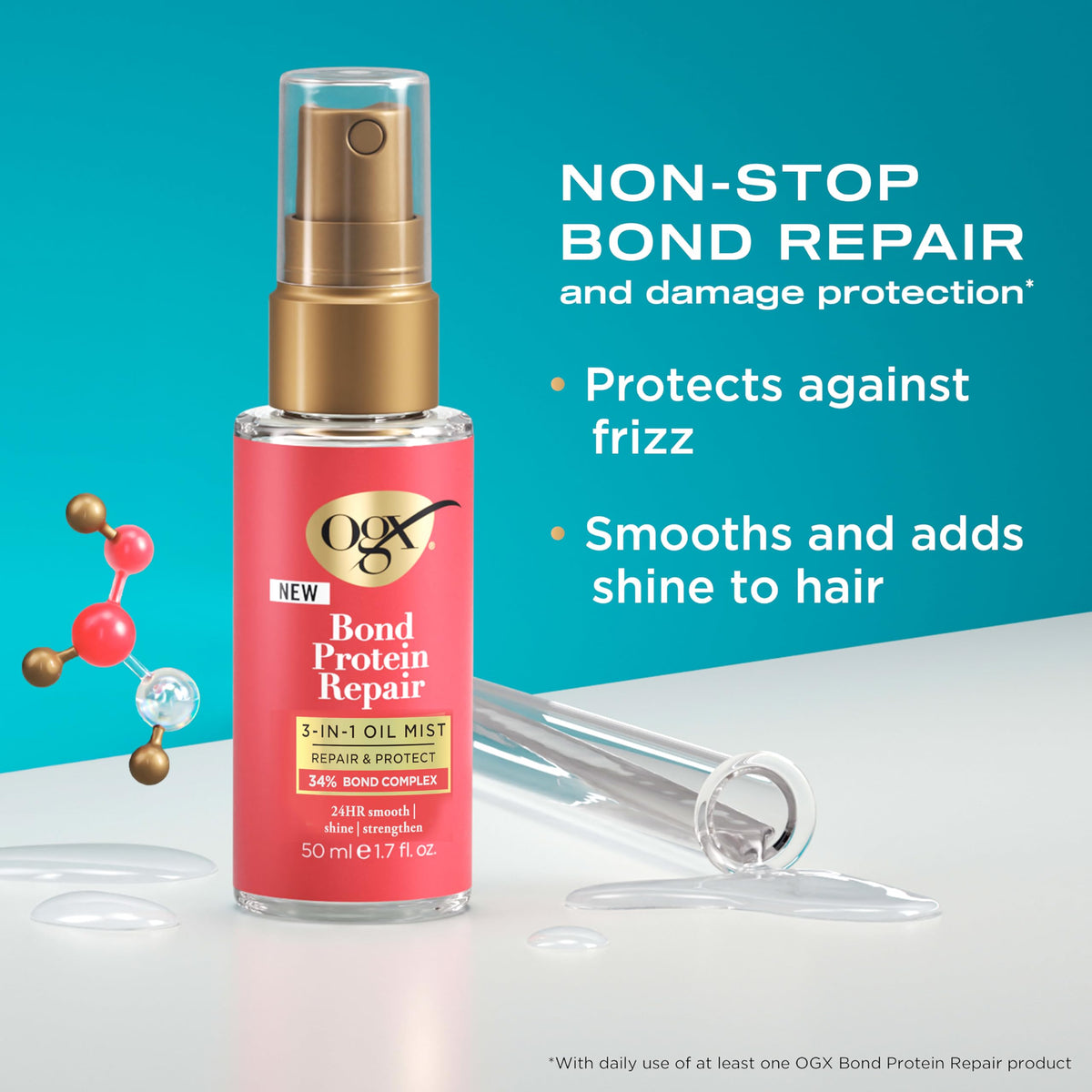 OGX Bond Protein Repair 3-in-1 Oil Mist, Repair & Protect, 34 percent Bond Complex, 24-Hour Smooth, Shine & Strength, for Medium to Thick Hair, 50ml