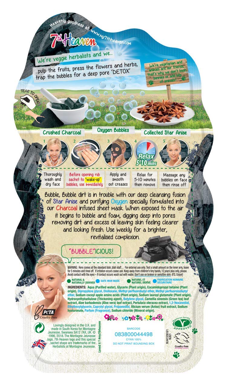 7th Heaven Charcoal Detox Bubble Sheet Mask with Purifying Charcoal, Collected Star Anise and Cleansing Oxygen Bubbles for a Brighter Complexion - Ideal for All Skin Types