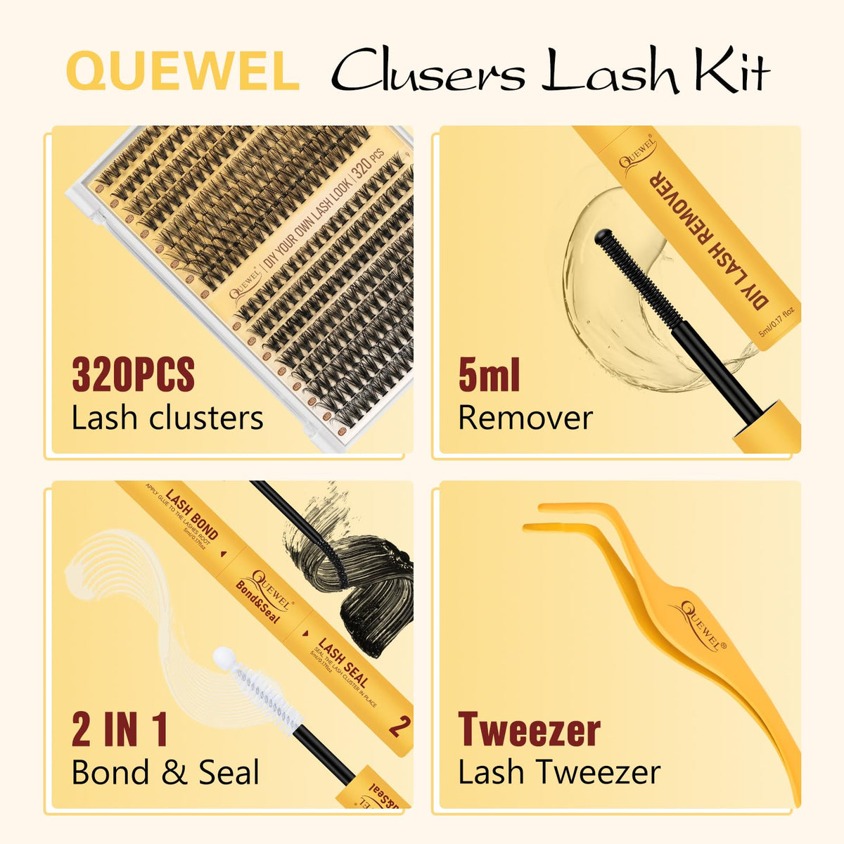 QUEWEL Clusters Lashes Kit 320 Pcs Individual-Lashes with Lash Bond &Seal