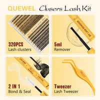 QUEWEL Clusters Lashes Kit 320 Pcs Individual-Lashes with Lash Bond &Seal