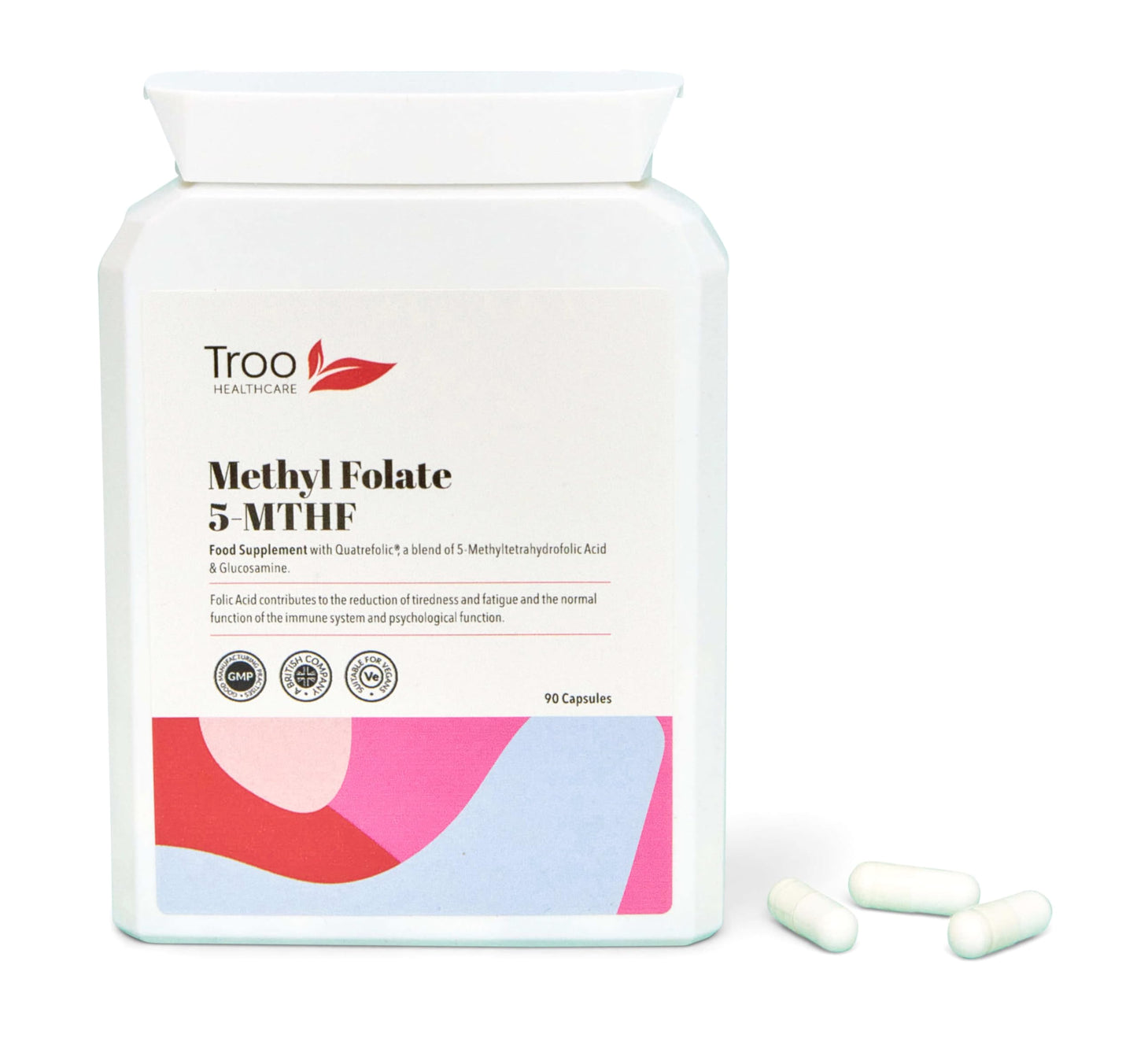 Troo Health Care Folic Acid 600µg 90 Capsules as Quatrefolic Methyl Folate 5-MTHF Supplement - 6S-5-Methyltetrahydrofolate - Superior Bioavailable Activated Folic Acid Supplement - UK Manufactured