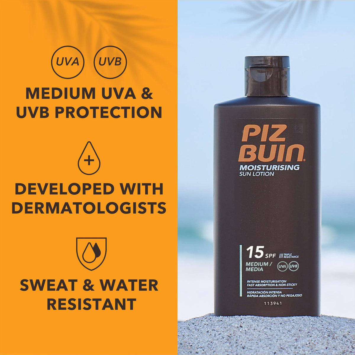 Piz Buin Moisturising Sun Lotion SPF 15 (200ml), Advanced Skincare Cream with UVA/UVB filters, Enriched Sunscreen to Prevent Premature Ageing