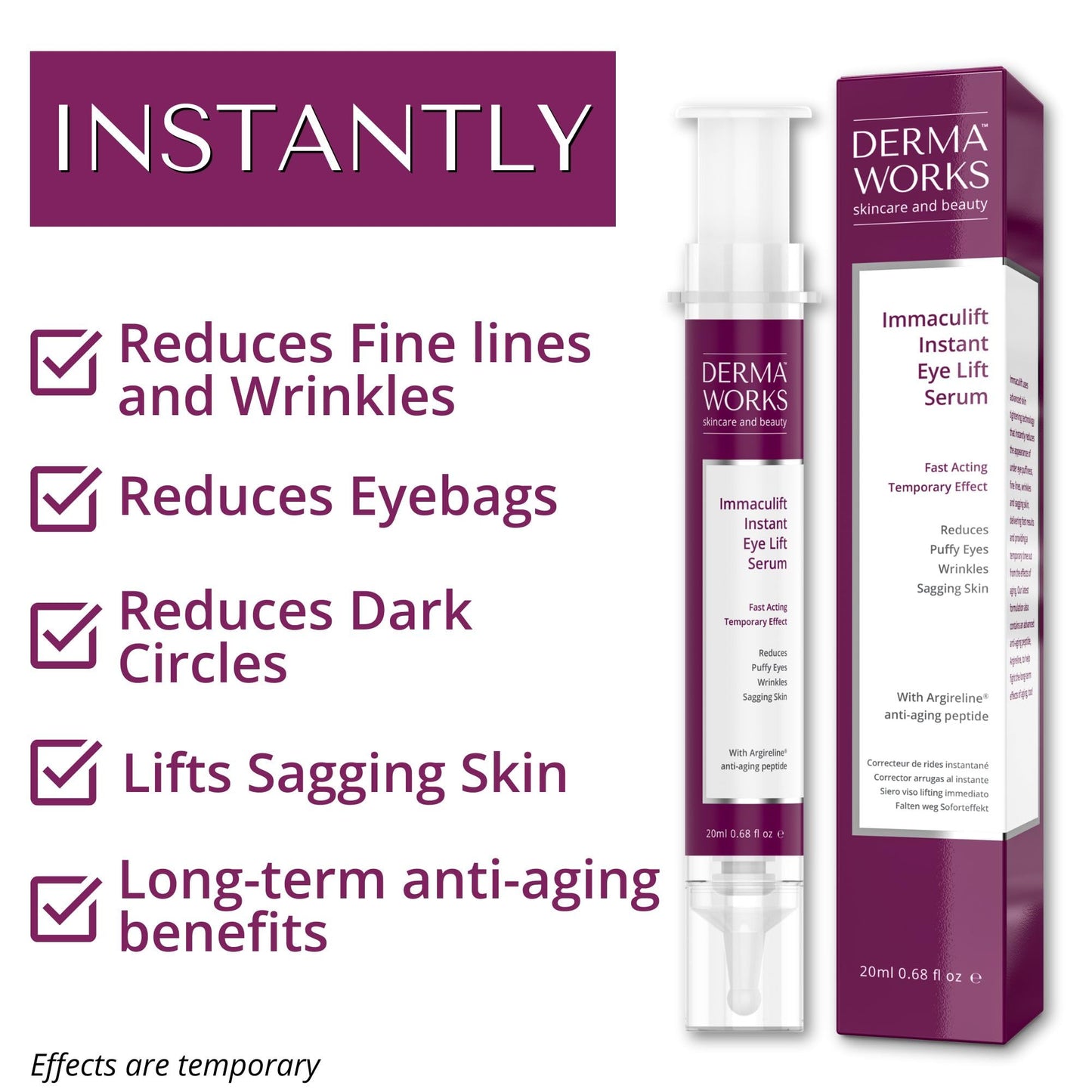 Dermaworks NEW Immaculift Instant Eye Tightener - Eye Cream for Dark Circles and Puffy Eyes –Under Eye Bags Treatment – Eye Lift Cream – Eye Tightening Cream Instant – Eye Bags Remover Men & Women by DERMAWORKS