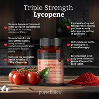 Pureclinica Lycopene 50mg – 360 Tablets (2 x 180) | 12 Month Supply | Triple Strength Antioxidant Supplement | High Potency Tomato Extract | Vegan, Non-GMO, Made in UK