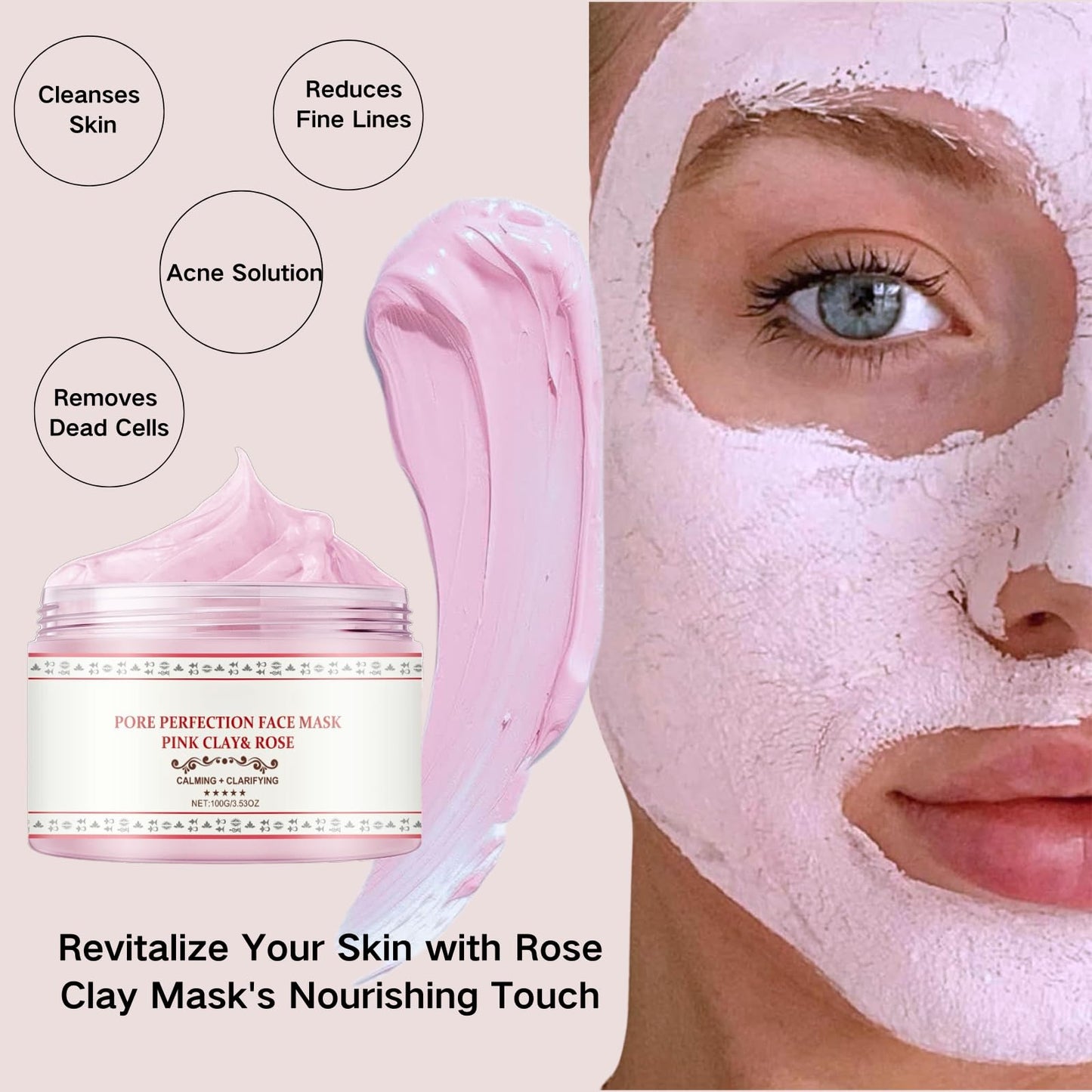 Pink Clay Mask | Organic Face Masks for Women | Rose Calming Clarifying Mud Mask | Clay Face Mask with Bentonite & Kaolin Clay | Pore Minimizer, Deep Cleansing & Hydrating Facial Skincare