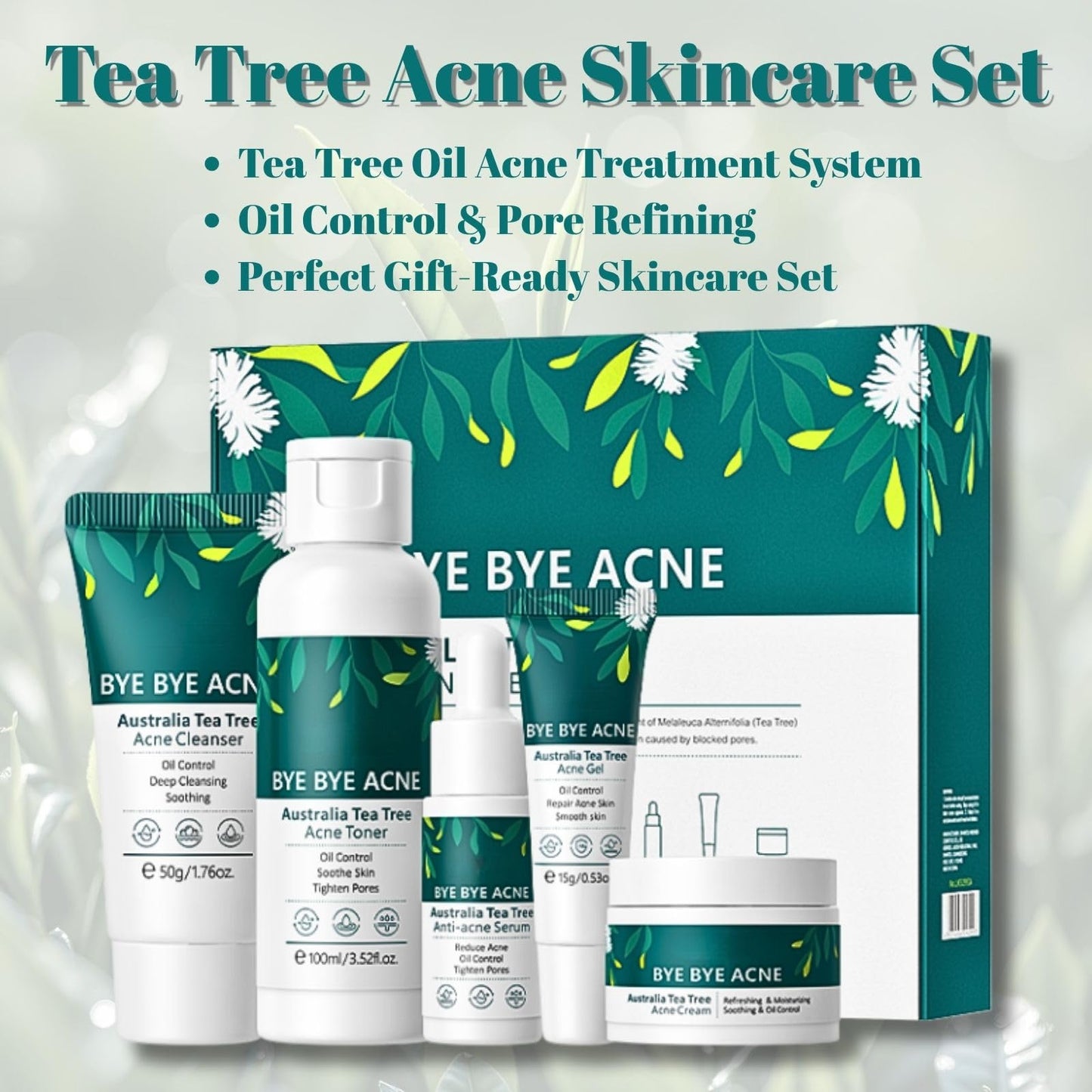 Tea Tree Acne Skincare Set for Teenage Girls & Women - Facial Kit with Cleanser, Toner, Serum, Cream & Gel - Acne Treatment, Oil Control & Pore Minimising - Beauty Gift Set for Women