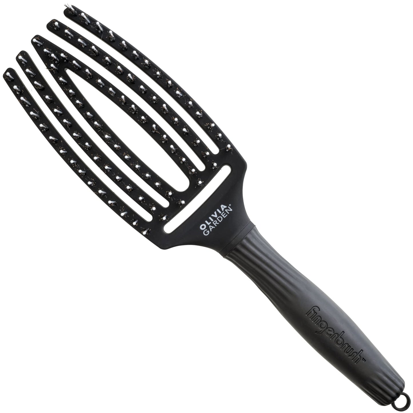 Olivia Garden Fingerbrush Combo Medium - Styling Hair Brush for Dry & Detangled Medium Hair - Curved Head Scalp Massage - Boar & Nylon Bristles for Natural Shine - Fine, Medium & Thick Hair - Black