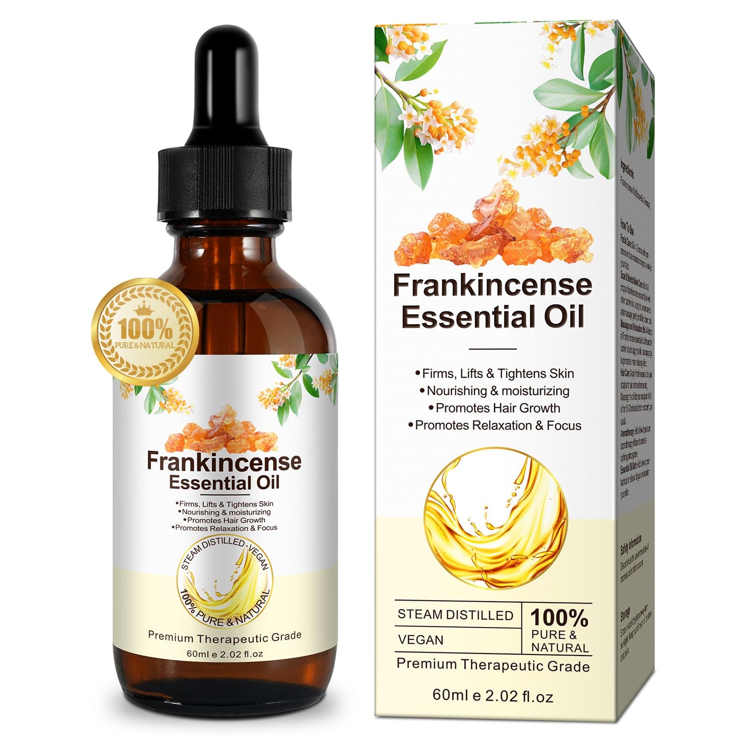 LEISGOTO Frankincense Oil for Skin, 100% Pure and Natural Organic Frankincense Oil for Self Care, Skin, Face, Hair, Relieving Discomfort, Calming, Massage & Relaxation | 60ml