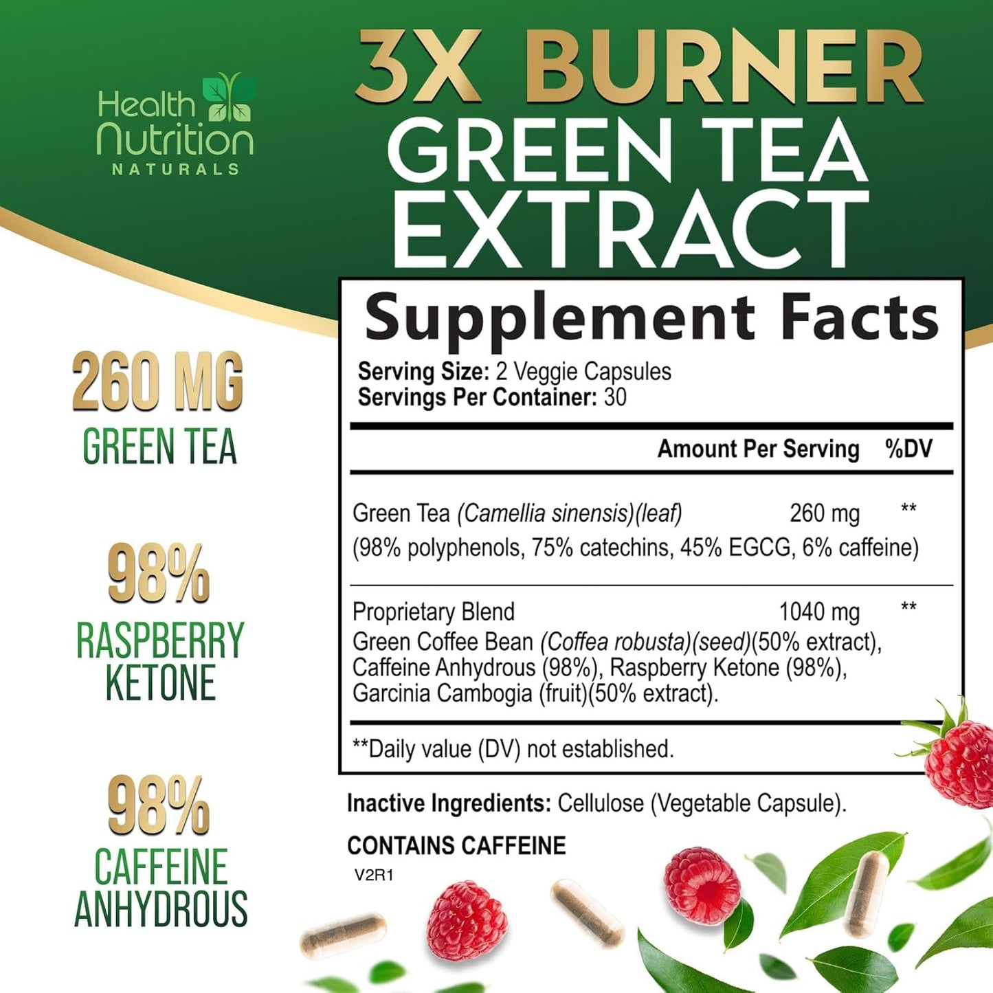 Green Tea Extract Pills - 98% Standardized EGCG 1300mg 3X Extra Strength for Natural Energy -60 Capsules