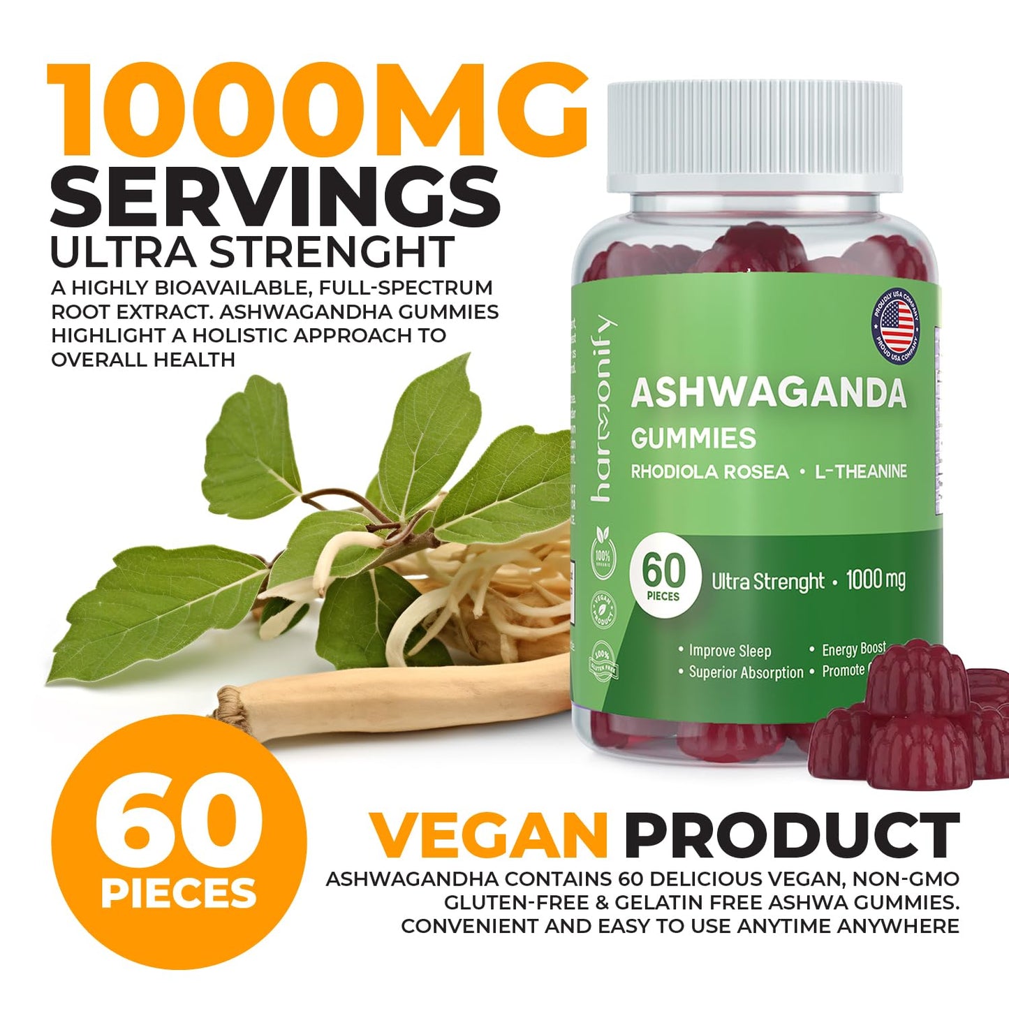 HARMONIFY Ashwagandha Gummies Rhodiola Rosea with L Theanine, Vegan Plant Based, Non-GMO, Support Energy, Relax and Restore, 1000 mg, 30 Days Servings