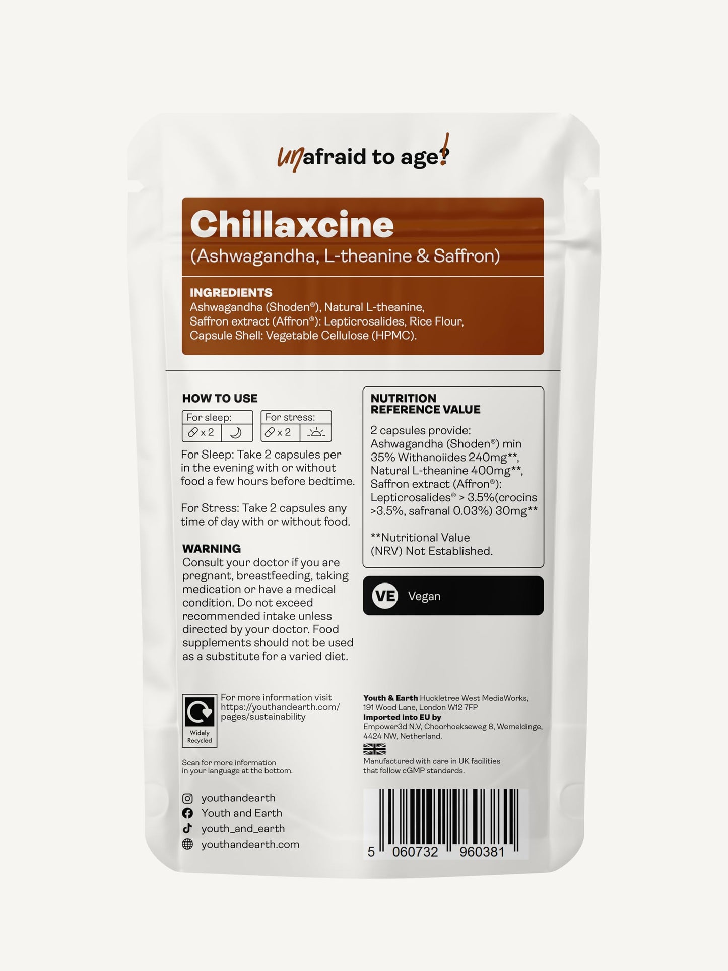 Youth & Earth CHILLAXCINE (Ashwagandha, L-theanine and Saffron) 335mg (60 Capsules)