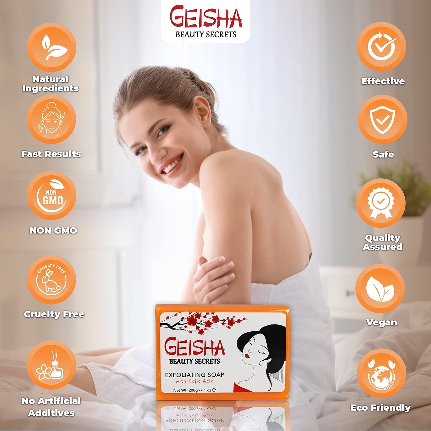 Geisha, Kojic Acid Soap - 7 oz / 200g - BIG SIZE Skin Brightening Bar, Helps to Reduce Pigmentation on: Face, Body, Hands, Knuckles, with Coconut Oil