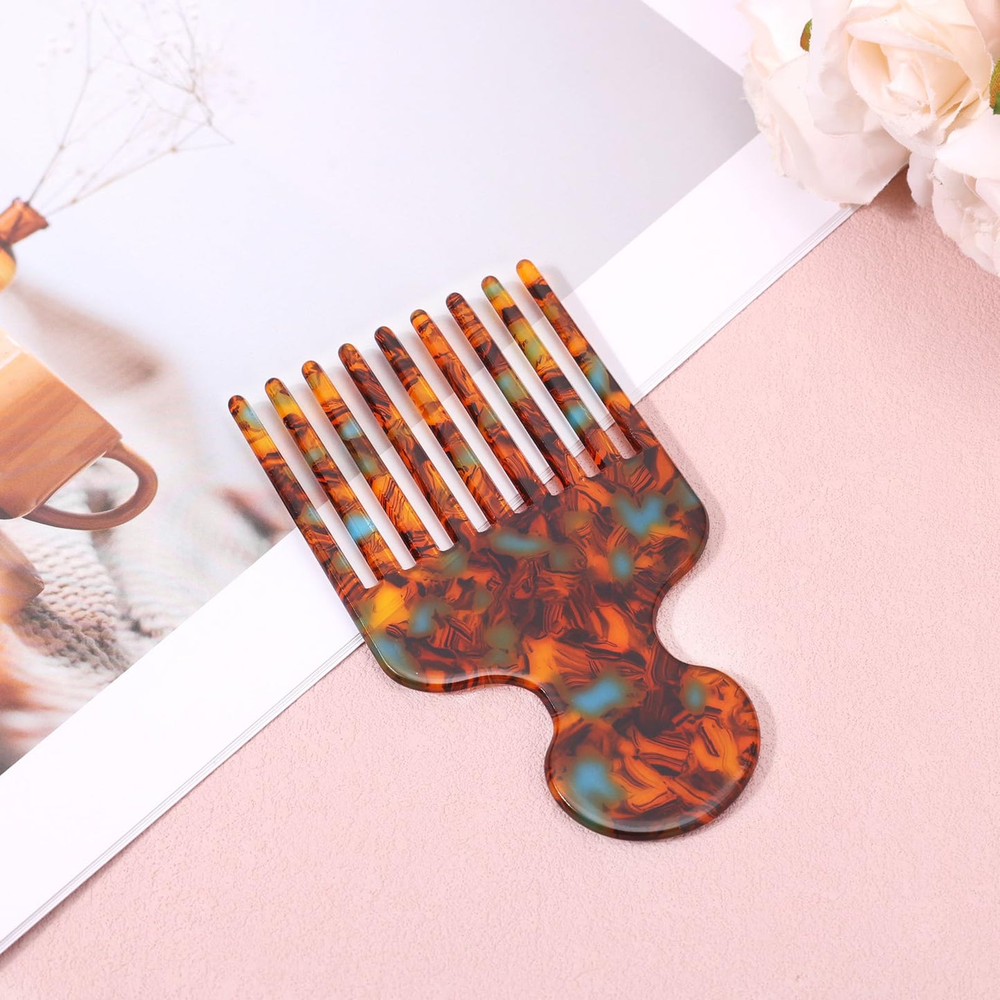 lasuroa Hair Pick Comb, 4.72 Inch Curly Hair Picks Long Wide Tooth Comb for Curls Afro Smooth Sturdy Detangling Lift Combs Styling Tools for Women Men Barber Supplies (Brown)