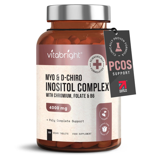 VitaBright Myo and D-Chiro Inositol Complex - 4000mg per 4 Tablets - 120 Tablets - Clinically Proven 40:1 - Vitamin B6, Folic Acid, Chromium - PCOS, Hormonal Balance, Ovarian Function, Fertility