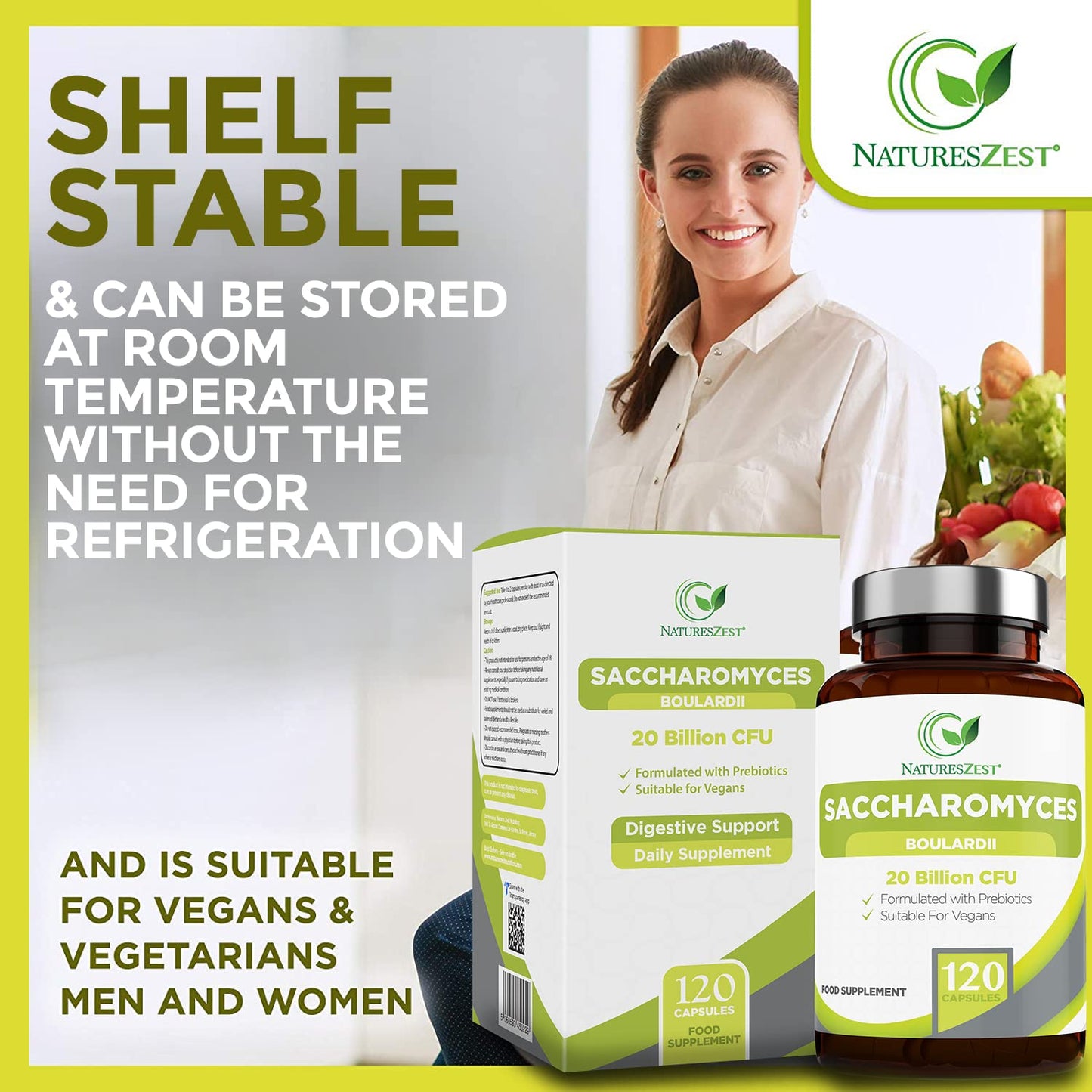 Natures Zest High Strength Saccharomyces Boulardii 20 Billion CFU with Prebiotics 120 Capsules Friendly Bacteria Probiotic Yeast Supplement, Vegan & Gluten Free, up to 4 Month’s Supply