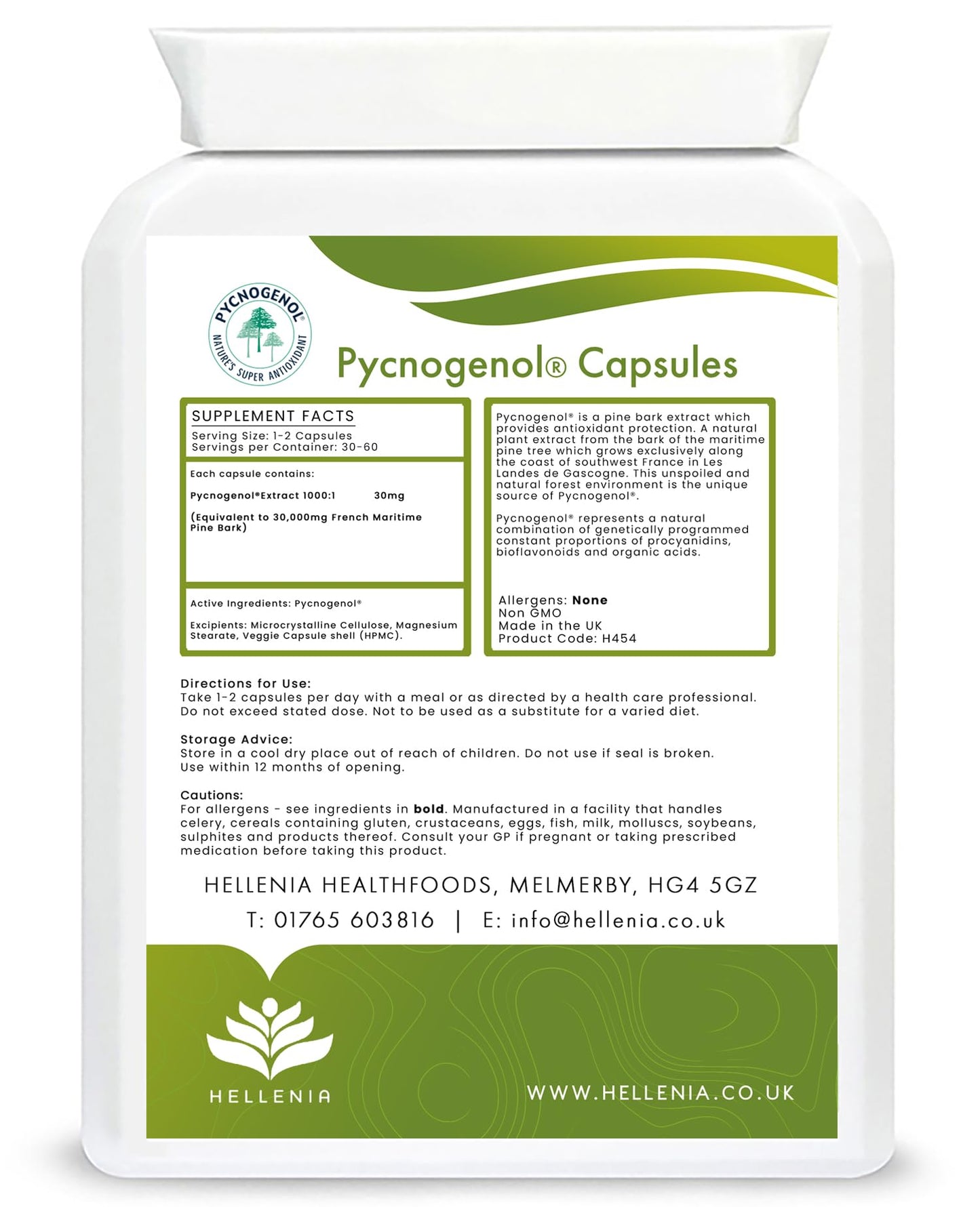 Pycnogenol® French Maritime Pine Bark Extract - 60 Capsules | Providing Naturally Powerful Bioflavonoids | High Bioavailability Pycnogenol | Suitable for Vegans - Made in The UK by Hellenia