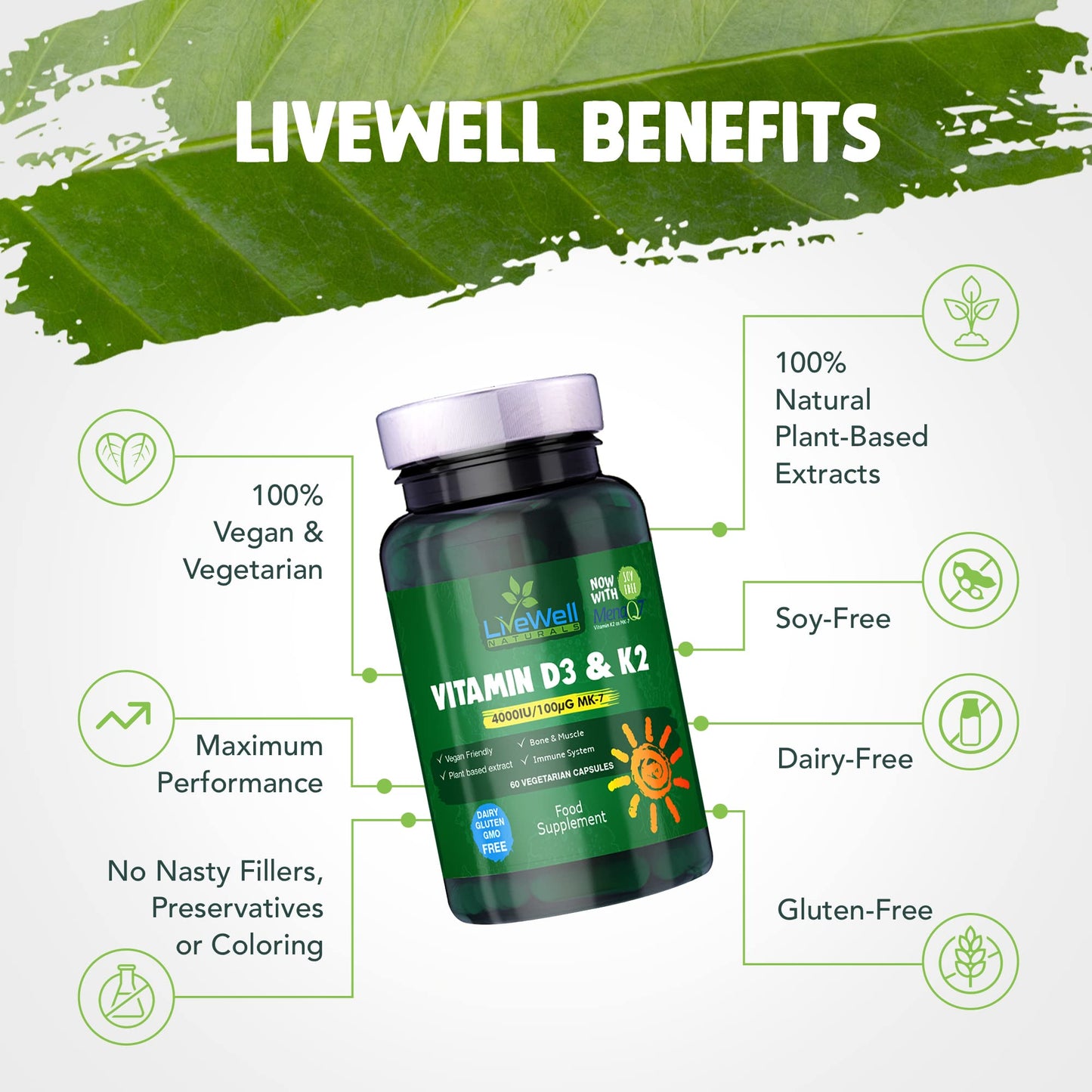 Vegan Vitamin D3 4000iu and Vitamin K2 MK7 100µg High Strength Completely Plant Based 60 Days Supply Vitamin D Vegan Tablets Gluten, GMO & Lanolin Free