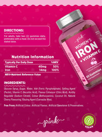 Iron Gummies for Women | Iron Supplement with Vitamin C | High Strength 14mg Iron | Natural Cherry Flavour | Vegan, No Artificial Sweetner & Flavours | 60 Gummies | PINK