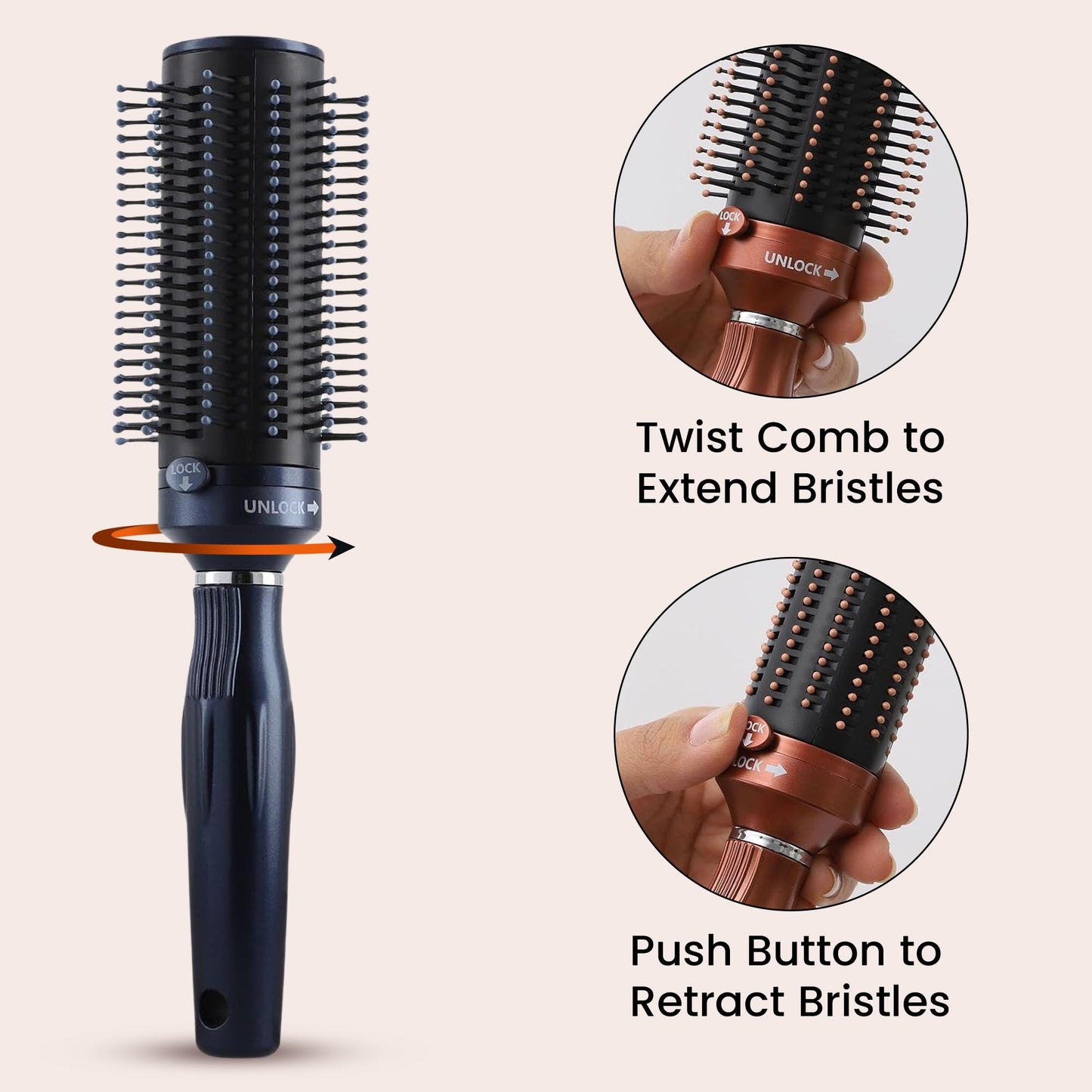 TJC Retractable Detangle Hair Brush for Curly Hair, Straight Hair & Wet Hair | Detangling Round Hairbrush for Blow Dry | Soft Bristle for Long, Thick & Curly Hair | Easy Clean Travel Brush - Navy Blue