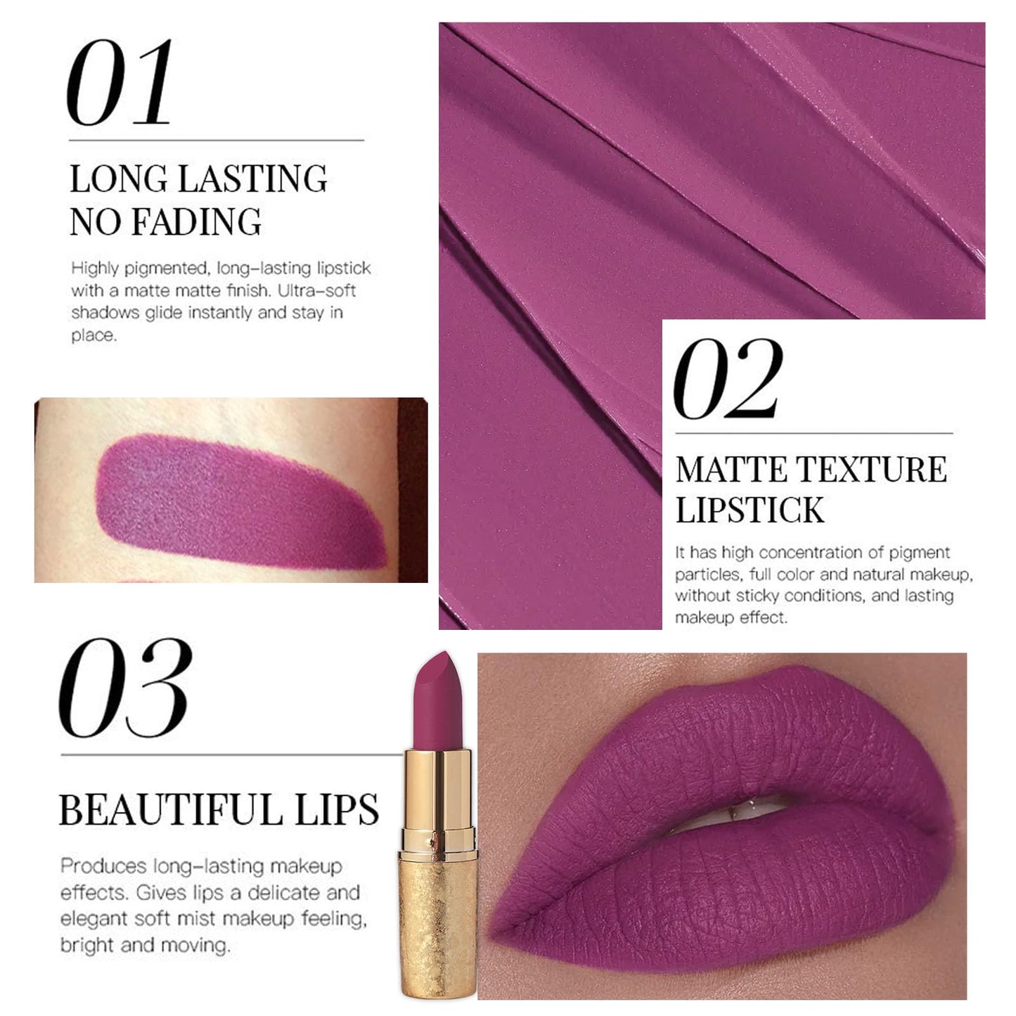 LYNTYAOU Purple Matte Lipstick, Dark Red Lip Stick for Women, Hot Color Lipgloss Smooth Full-Coverage Moisturizing, Waterproof Non-sticky Lips Tinted, Lip Balm Long Lasting Gift for Lady