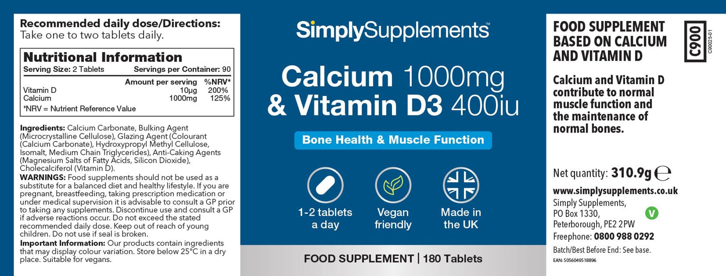 Calcium 1000mg & Vitamin D3 400iu | Supports Bone & Teeth Health | Contributes to Normal Muscle Function | Vegan & Vegetarian Friendly | 180 Tablets = 3 Months’ Supply | GMP-Certified & UK-Made