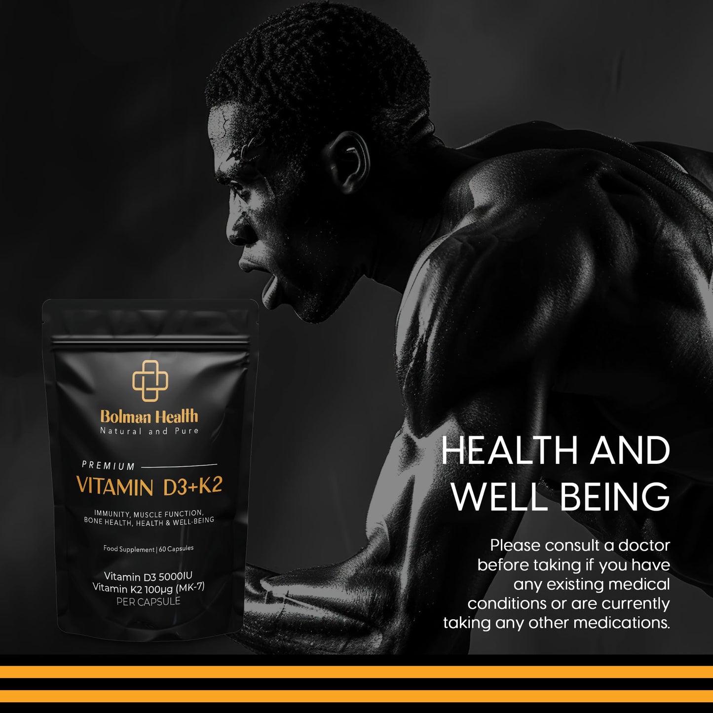 Bolman Health Vitamin D3 + K2 Capsules | Vegeterian Capsules | 5000IU & 100μg (MK-7) | 60 High Strength HMPC Vegan Capsules | 1-A-Day | Vegetarian and UK Manufacture - Supports Immune Sytem & Bone Health