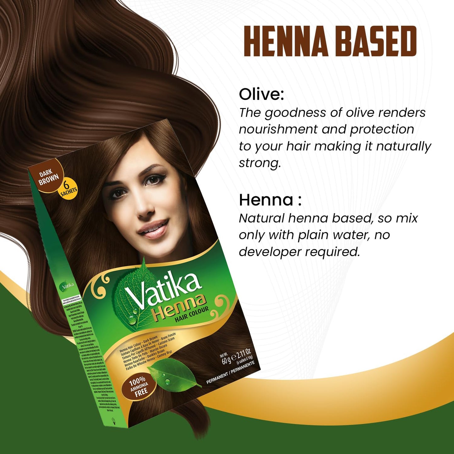 Dabur Vatika Henna Dark Brown Hair Colour Powder - 60g(6 x 10g Sachets),Goodness of Natural Henna, 100% Ammonia-Free & Grey Coverage, Protects & Gives Shine