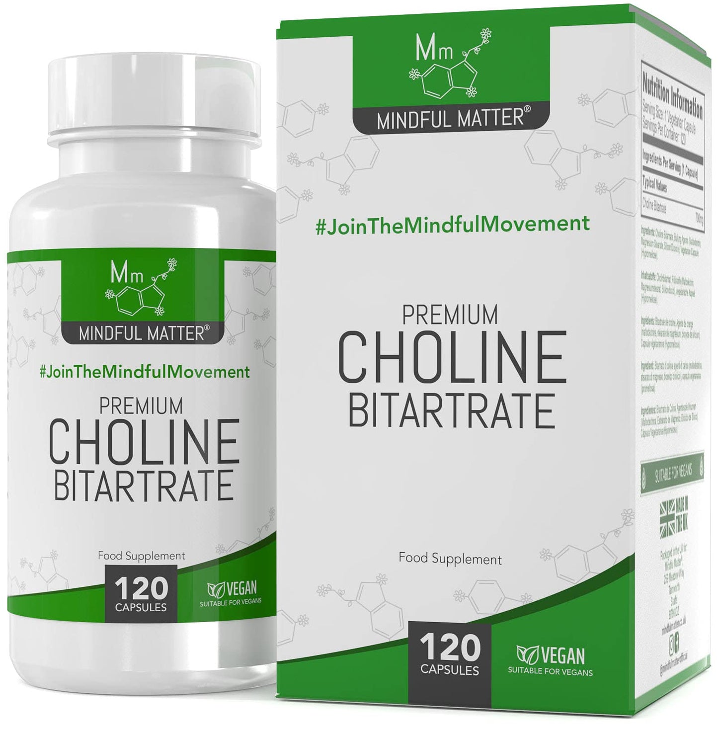 Mindful Matter MM Choline | 120 High Strength Vegan Choline-Supplement Capsules - 700mg Coline Bitartrate per Serving | Non-GMO, Gluten & Allergen Free | Manufactured in the UK