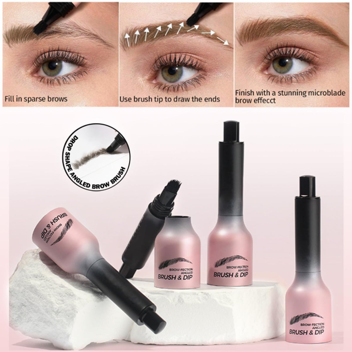 Generic Brow-Fection Angled Brush & Dip - Waterproof Eyebrow Tint Kit For Defined, Natural-Looking, Long-Lasting Brows with Precision Tip & Dark Brown Pencil Powder Pomade Palette