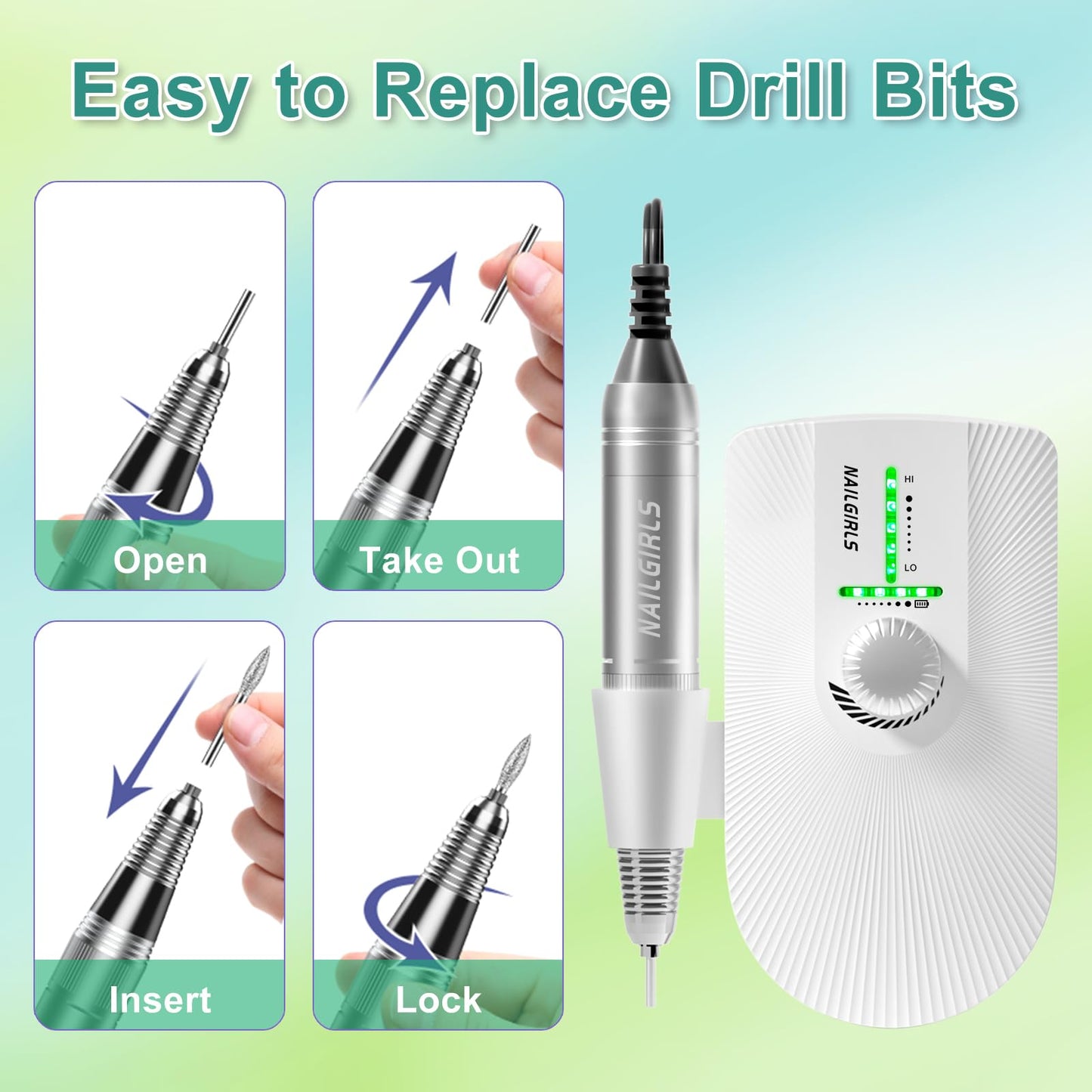 NAILGIRLS Cordless Electric Nail Files, T18 Professional Rechargeable Nail Drill 35000 RPM, Portable E File Kit for Acrylic Gel Nails Manicure Salon Home, White