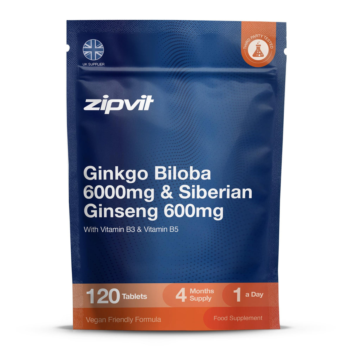 Zipvit Ginkgo Biloba 6000mg & Siberian Ginseng 600mg with Vitamins B3 & B5 Pouch, 120 Vegan Tablets, Supports Energy & Mental Performance, 4 Month Supply