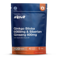 Zipvit Ginkgo Biloba 6000mg & Siberian Ginseng 600mg with Vitamins B3 & B5 Pouch, 120 Vegan Tablets, Supports Energy & Mental Performance, 4 Month Supply