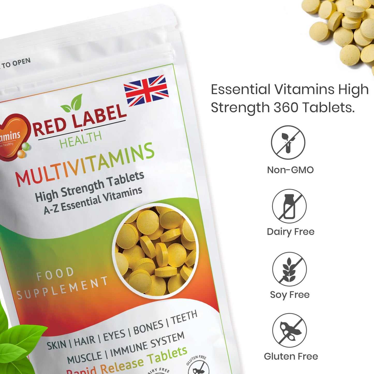 Red Label Health Multivitamin Tablets for Men & Women, 30 Tablets 1 Month Supply A-Z Essential High Strength Multi Vitamin Supplement Immune Support & Daily Wellbeing Vegetarian Multivitamins One a Day