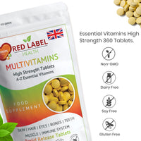 Red Label Health Multivitamin Tablets for Men & Women, 30 Tablets 1 Month Supply A-Z Essential High Strength Multi Vitamin Supplement Immune Support & Daily Wellbeing Vegetarian Multivitamins One a Day