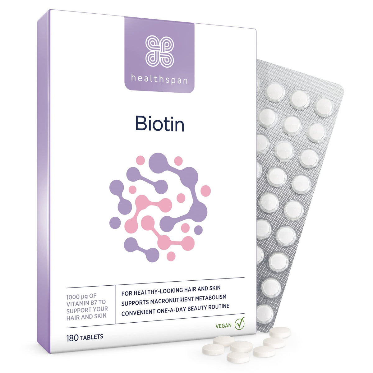 Healthspan Biotin 1,000μg (6 Months Supply) | Vitamin B for Healthy Hair & Skin | Supports Macronutrient Metabolism | One-a-Day Tablets | Vegan
