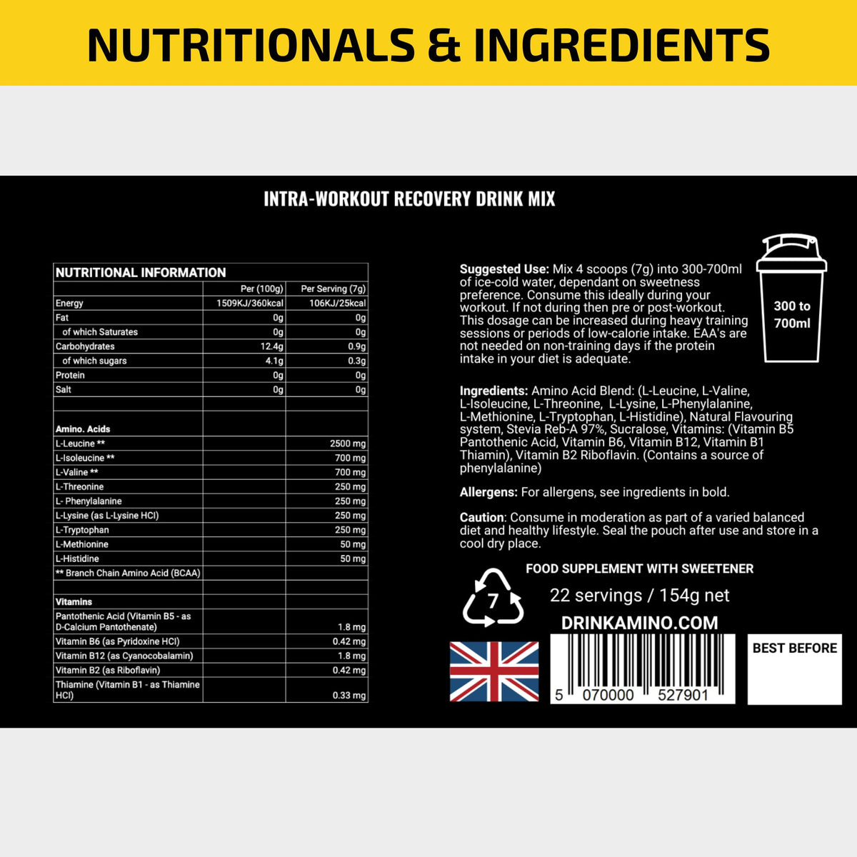 Amino Recovery - EAA & BCAA Intra Workout Powder - Amino Acid Recovery Drink - 5000mg EAA Amino Acids & BCAA Powder - Protect Muscle & Aid Recovery - Sugar Free & Vegan (Apple, 66 Servings)