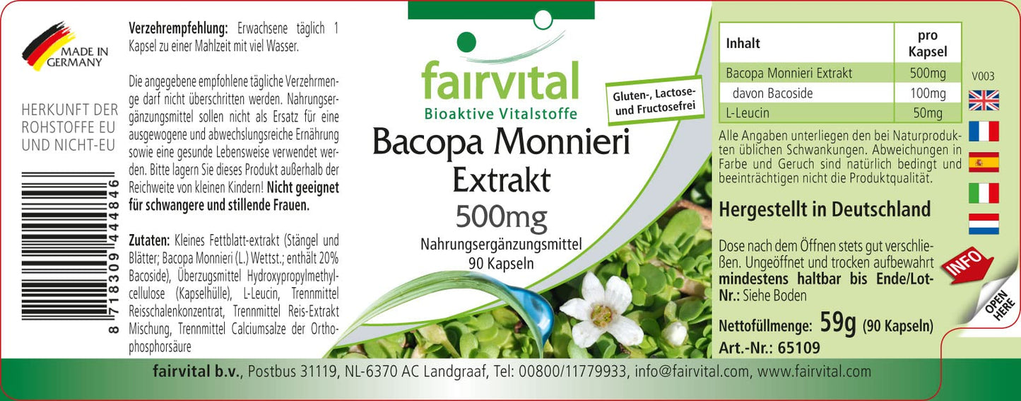fairvital Fairvital | Bacopa Monnieri Extract 500mg, Brahmi, Vegan, Without Magnesium Stearate, 90 bacopa Capsules
