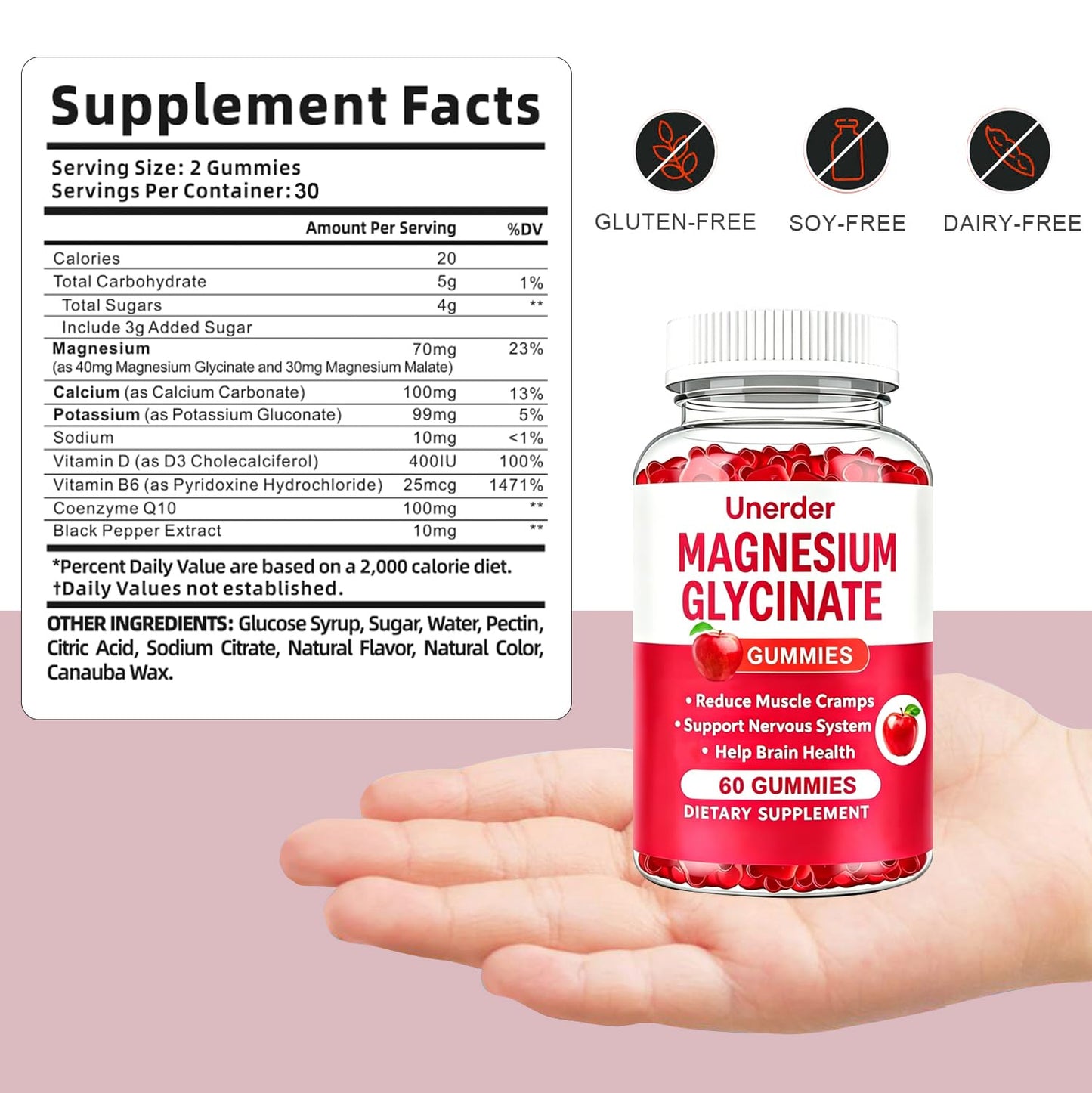 Unerder Magnesium Glycinate Gummies - 400mg High Absorption Formula for Sleep, Stress Relief & Muscle Health - Apple Flavor, 30 Days Supply for Adults,Non-GMO